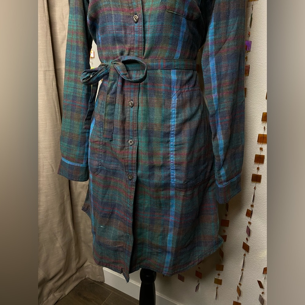 Plaid Button-Front Shirt Dress with Tie Waist - Teal Multi - Picture 4 of 11